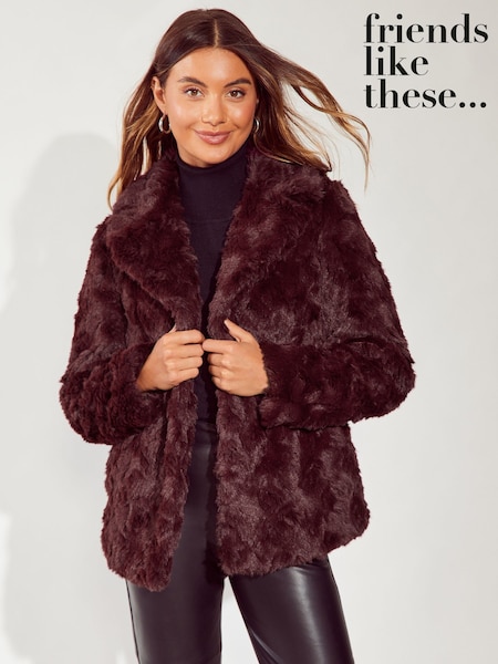 Friends Like These Berry Red Textured Faux Fur Coat (E06779) | AED180