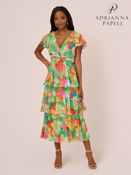 Adrianna Papell Green Tiered Chiffon Midi Dress (E06805) | €115