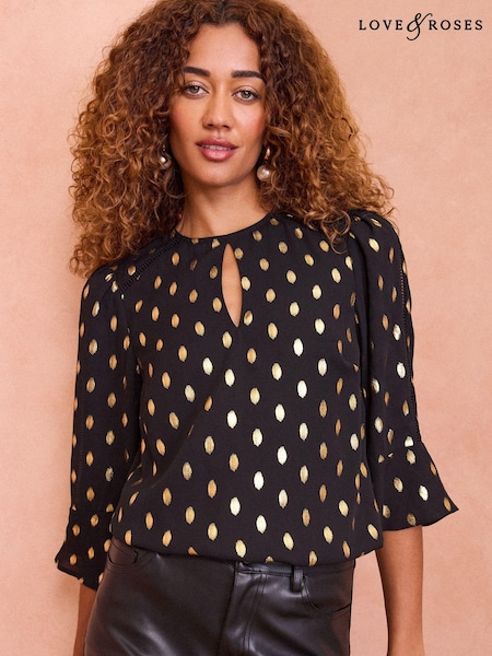 Love & Roses Printed Tipped Keyhole Blouse (E06881) | 139 LEI