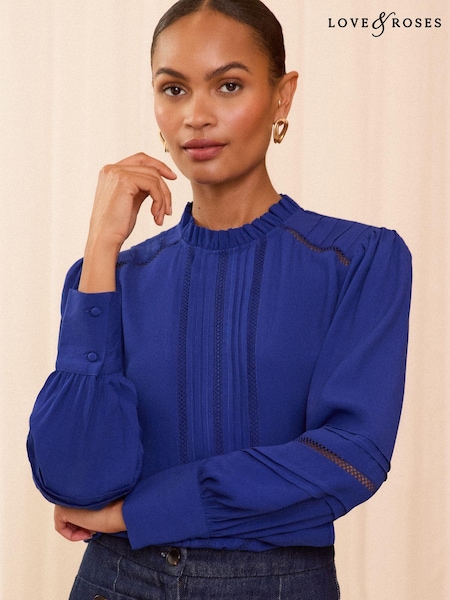 Albastru - Love & Roses Volănașe Neck Pintuck Detail Mânecă lungă Bluze (E06884) | 198 LEI