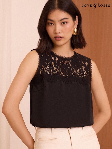 Love & Roses Black Lace Yoke Satin Shell Top (E06913) | 84 QAR