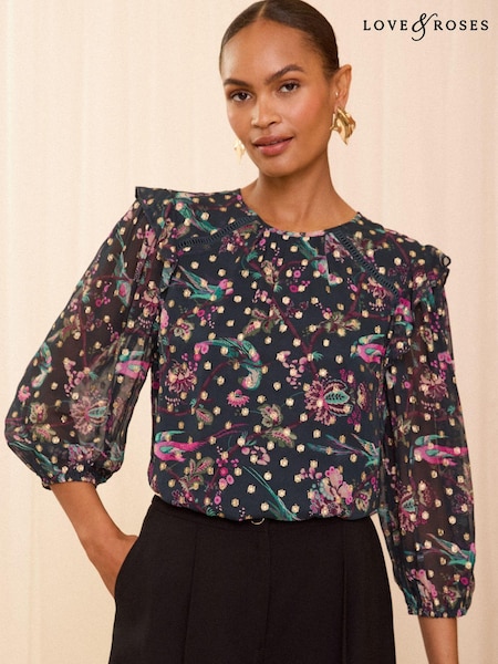 Verde Bird Metalic - Love & Roses Printed Guler rotund Bluze (E06915) | 150 LEI