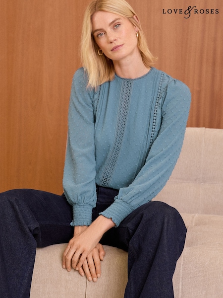 Love & Roses Blue Petite Lace Crew Neck Blouse (E06922) | €30