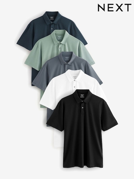 Navy/Brown/Grey/White/Sage Green Regular Fit Short Sleeve Jersey Polo Shirts 5 Pack (E06991) | $102