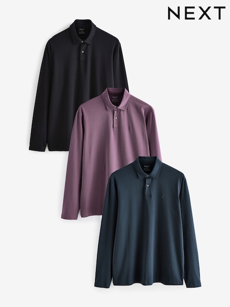 أسود، أرجواني، أزرق - Long Sleeve Jersey Polo Shirts 3 Pack (E06993) | ‏98 د.إ.‏