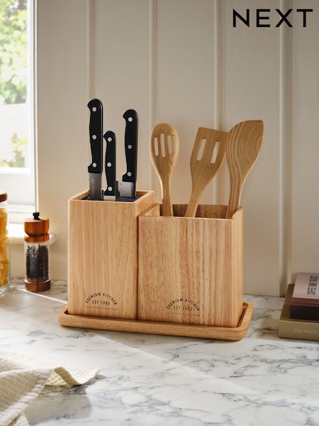 Wood Country Knife Block and Utensil Pot with Tray (E07072) | €47