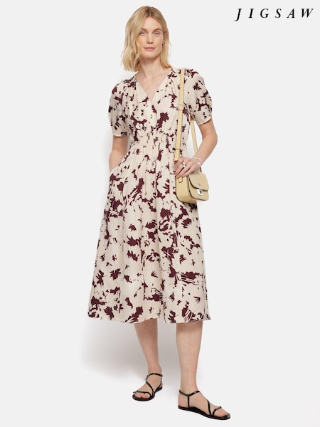 Jigsaw Cream Silhouette Peony Smocked Dress With Linen (E07113) | €172