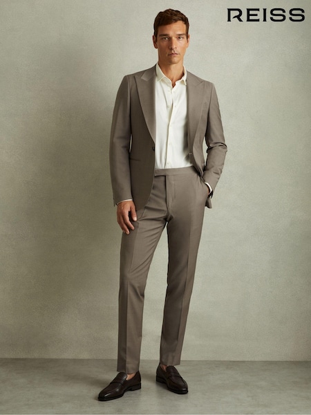 Reiss Mushroom Brown Harley Textured Wool Blend Side Adjuster Tapered Fit Trousers (E07146) | 1,235 QAR