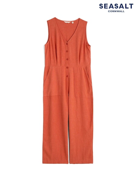 Seasalt Cornwall Orange Carthew V-Neck Linen Blend Jumpsuit (E07167) | €44.50