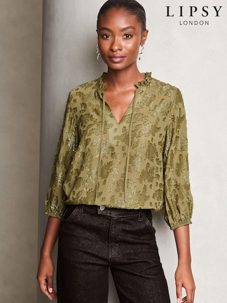 Lipsy Khaki Green 3/4 Sleeve Metallic Blouse (E07285) | €20
