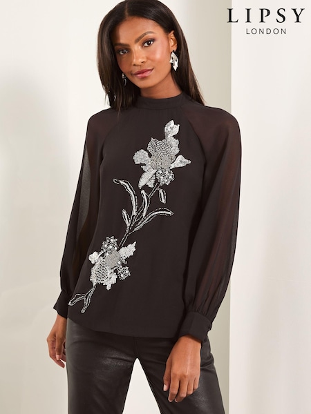 Lipsy Black High Neck Embellished Blouse (E07288) | €22.50