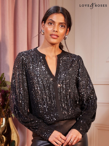 Love & Roses Sequin V Neck Long Sleeve Blouse (E07323) | 171 LEI