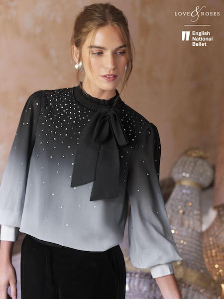 Love & Roses Hotfix Pussy Bow Blouse (E07326) | 175 LEI