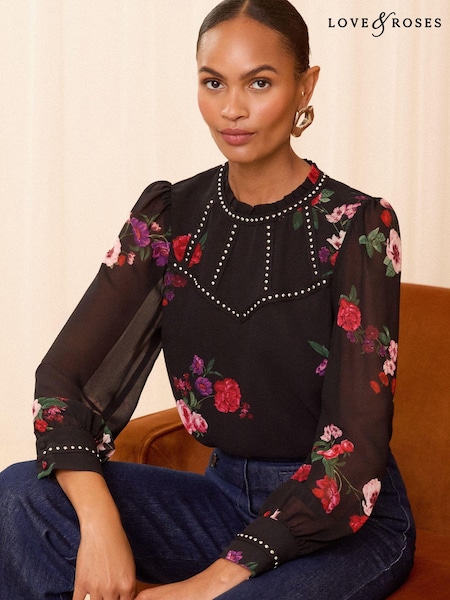 Черный в цветочек - Love & Roses Stud Trim Detail Crew Neck Long Sleeve Blouse (E07349) | €35