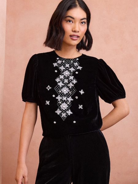 Love & Roses Velvet Crystal Puff Sleeve Top (E07390) | 196 LEI