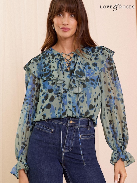 Love & Roses Printed Capelet Long Sleeve Blouse (E07399) | 139 LEI