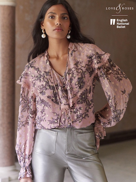 Roz Floral Metalic - Love & Roses Capelet Mânecă lungă Bluze (E07412) | 188 LEI