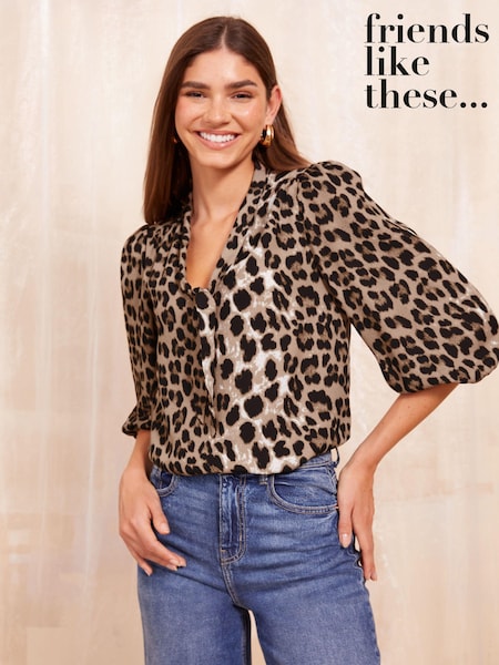 Friends Like These Brown Bow Front Blouse With Puff Sleeve (E07594) | €18