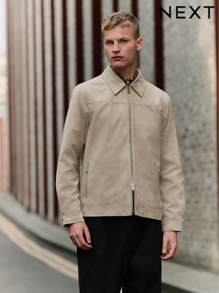 Neutral Faux Suede Zip Through Collared Shacket (E07604) | €69