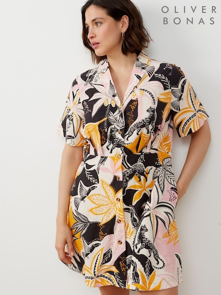 Oliver Bonas Pink/Orange Tropical Print Mini Shirt Dress With Linen (E07617) | €49