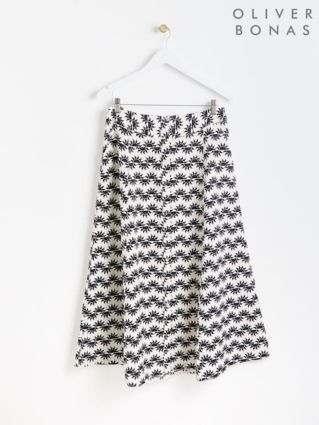 Oliver Bonas White Sun Print Midi Skirt With Linen (E07653) | €41.50