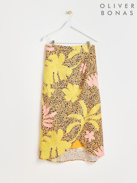 Oliver Bonas Yellow Palm Print Midi Skirt With Linen (E07718) | €50