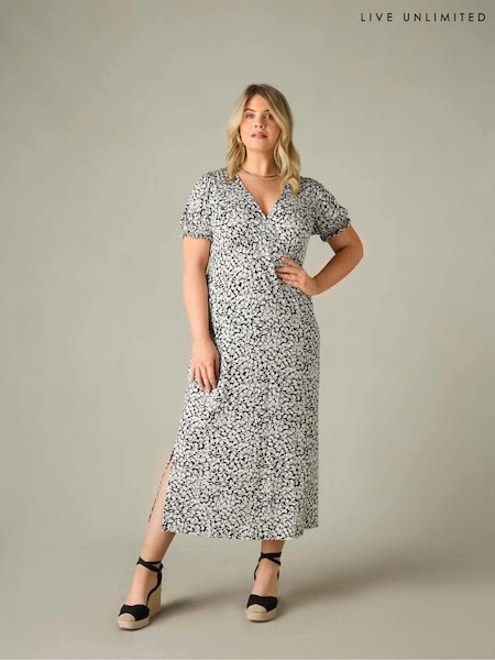 Live Unlimited Black Curve Floral Jersey Shirred Cuff Maxi Dress (E07836) | €40