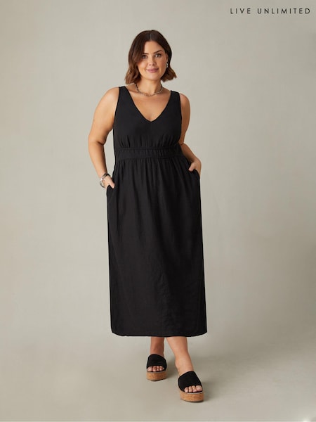 Live Unlimited Black Curve Linen Mix V-Neck Midi Dress (E07837) | €39