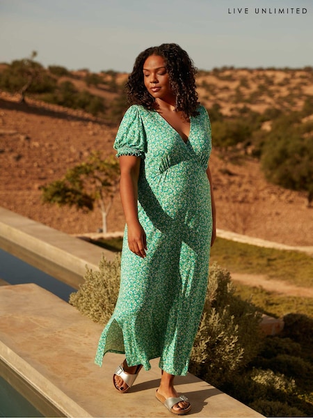 Live Unlimited Green Curve Ditsy Jersey Shirred Cuff Maxi Dress (E07840) | €31
