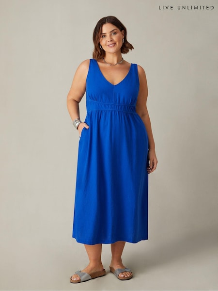 Live Unlimited Blue Curve Linen Mix V-Neck Midi Dress (E07843) | €39