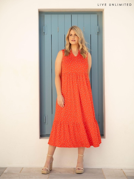 Live Unlimited Red Curve Spot Jersey Sleeveless Midi Dress (E07852) | €31
