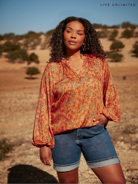 Live Unlimited Orange Curve Floral Nehru Collar Blouse (E07868) | €38