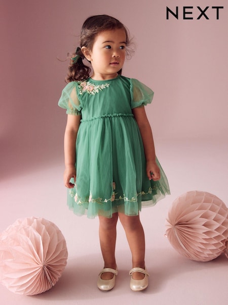Vihreä - Embroidered Mesh Party Dress (3mths-10yrs) (E08057) | €30 - €39