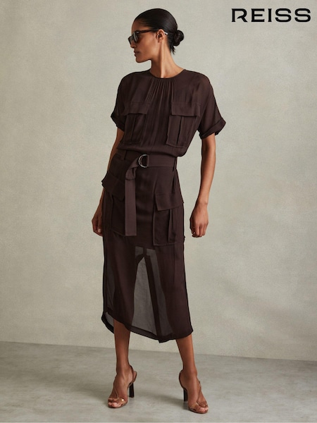 Reiss Chocolate Essie Mesh Utility Belted Midi Dress (E08140) | €140