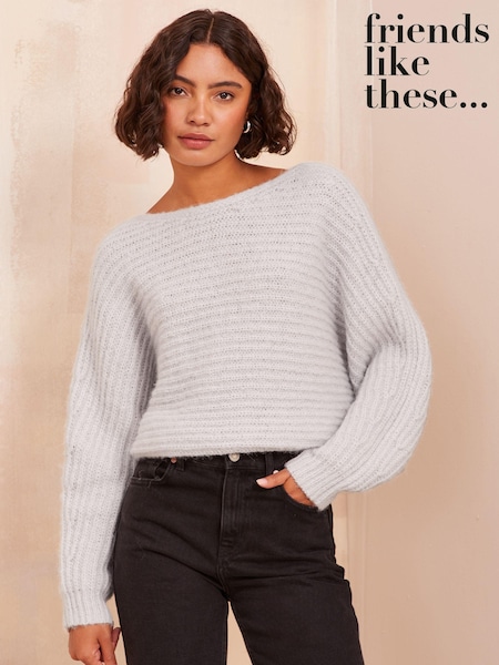 Harmaa - Friends Like These Eyelash Slash Neck Jumper (E08363) | €32