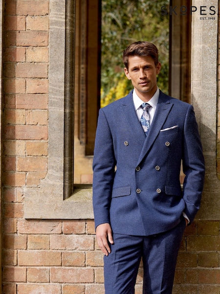 Skopes Navy Blue Tailored Fit Herringbone Double Breasted Suit Jacket (E08398) | AED815