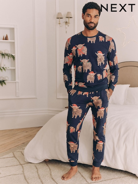 Navy Blue Mens Matching Family Christmas Hamish The Highland Cow 100% Cotton Pyjamas (E08474) | €21