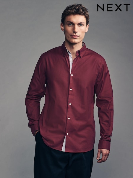 Burgundy Red Slim Fit Stretch Oxford Long Sleeve Shirt (E08523) | 90 zł