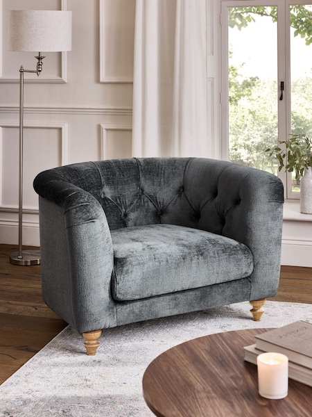 Plush Chenille Slate Blue Barber Buttoned Arm Chair (E08615) | €610