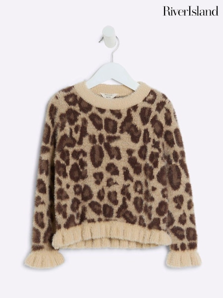 River Island Brown Girls Leopard Print Fluff Frill 100% Cotton Jumper (E08716) | AED58