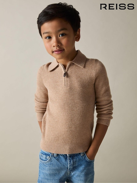Reiss Soft Camel Brown Regis 3-9 yrs Merino Wool Quarter Zip Polo Shirt (E08801) | €58