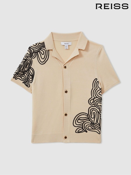 Reiss Off White/Black Romance 3-9 yrs Jersey Embroidered Cuban Collar Shirt (E08804) | €15