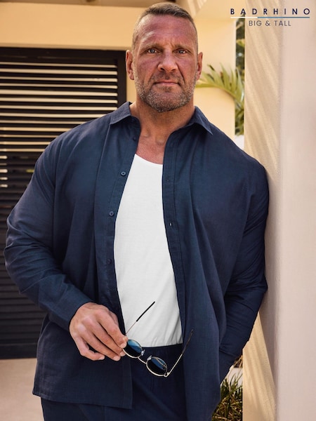 BadRhino Big & Tall Blue Premium Long Sleeve Linen Shirt (E08920) | AED198
