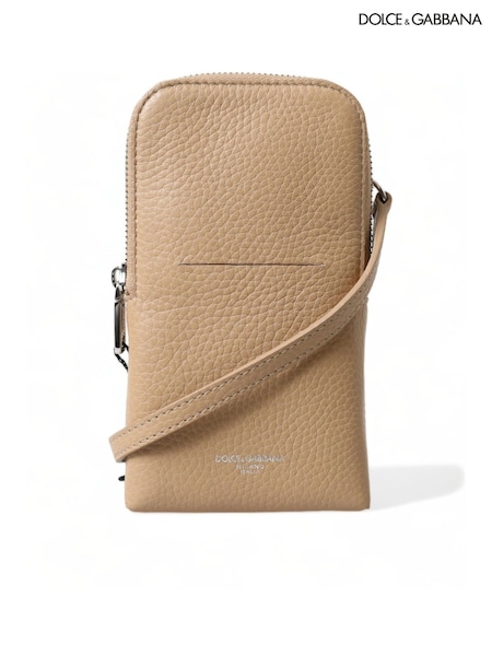 Dolce & Gabbana Leather Cross-Body Brown Phone Bag with Logo Details and Zipper Closure (E08972) | €568