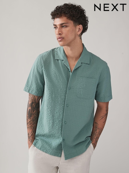Green Seersucker 100% Cotton Short Sleeve Shirt with Cuban Collar (E09041) | €8