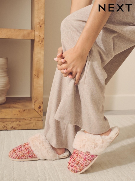 Розово-оранжевый - Tweed Faux Fur Mule Slippers (E09084) | €9