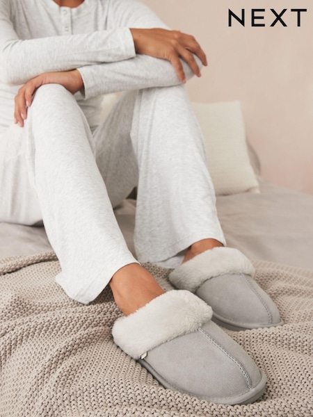 Gris - Suede Faux Fur Mule Slippers (E09085) | € 17