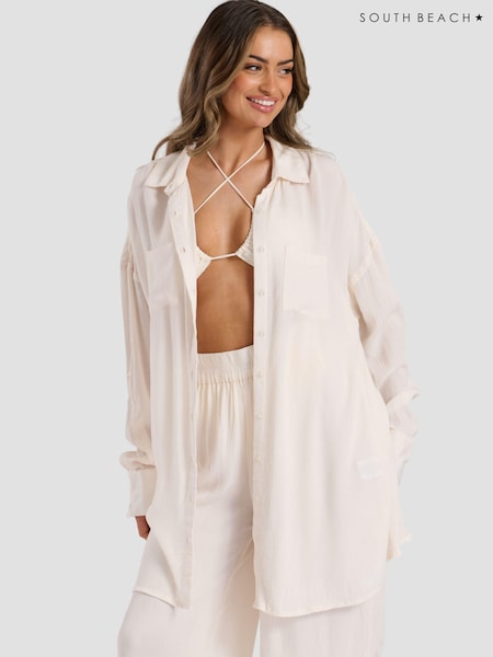 South Beach Cream Oversized Crinkle Viscose Beach Shirt (E09095) | €18.50