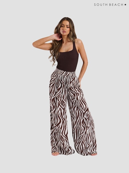 South Beach Printed Crinkle Viscose Wide Leg Beach Trousers (E09098) | 93 LEI