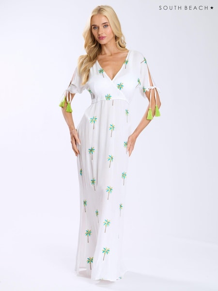 South Beach Crinkle Viscose Wrap Front Maxi Dress With Embroidery (E09100) | €56